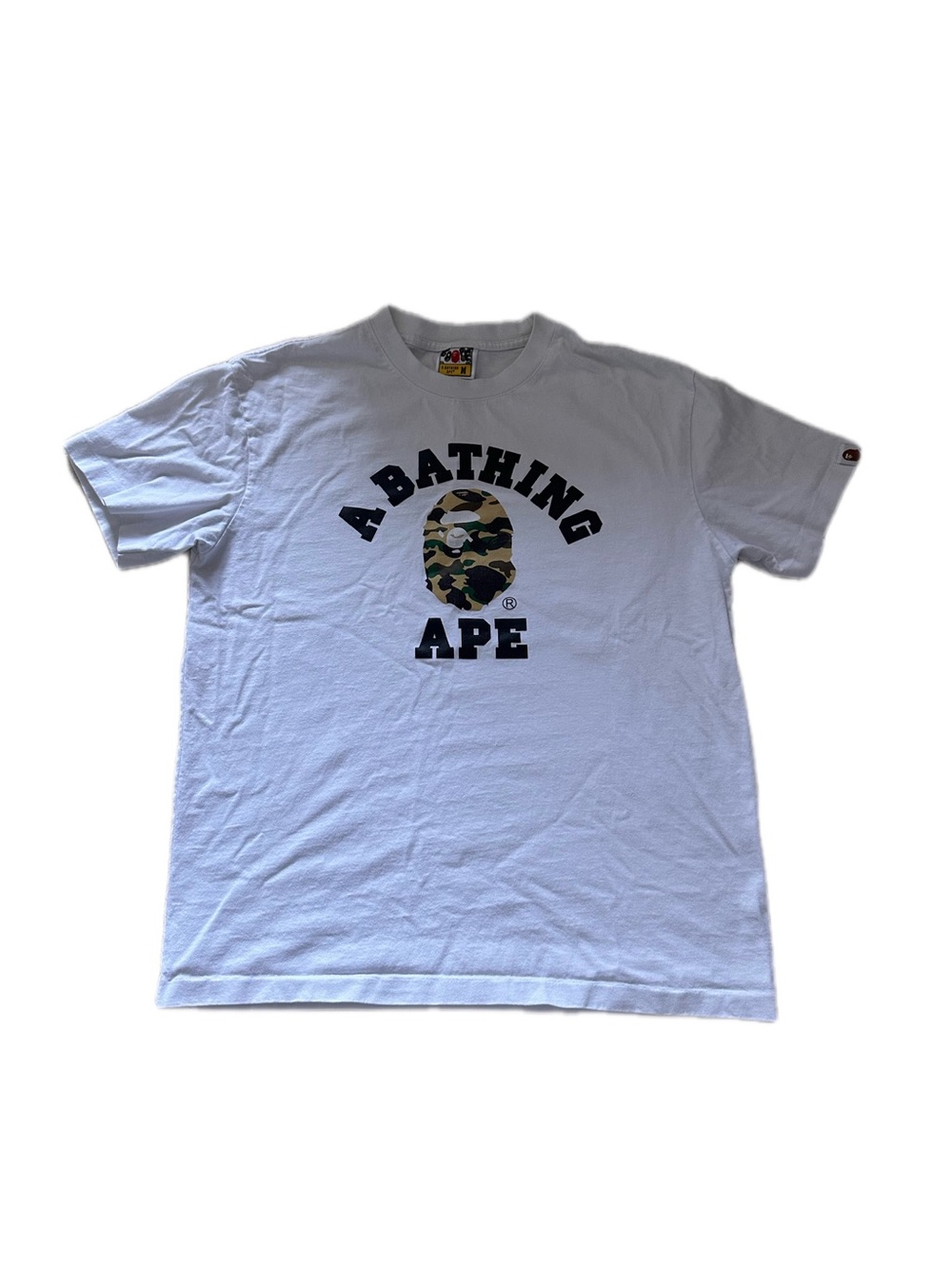 Bape White Tee with Navy Logo and Camo Ape Head